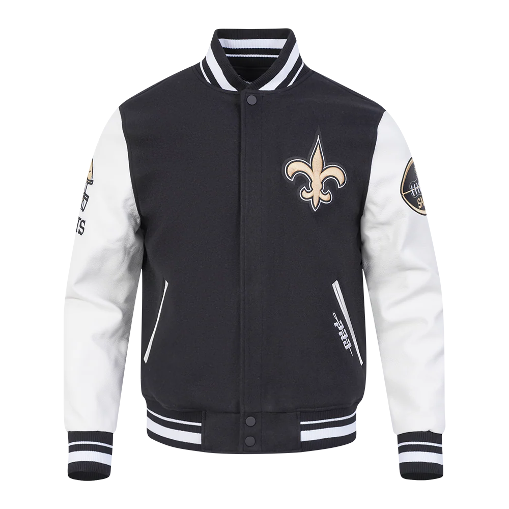 NFL NEW ORLEANS SAINTS OLD ENGLISH MEN'S RIB WOOL VARSITY JACKET (BLACK/WHITE)