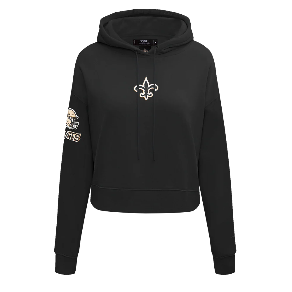 NFL NEW ORLEANS SAINTS CLASSIC WOMEN'S FLEECE CROPPED PULLOVER HOODIE (BLACK)