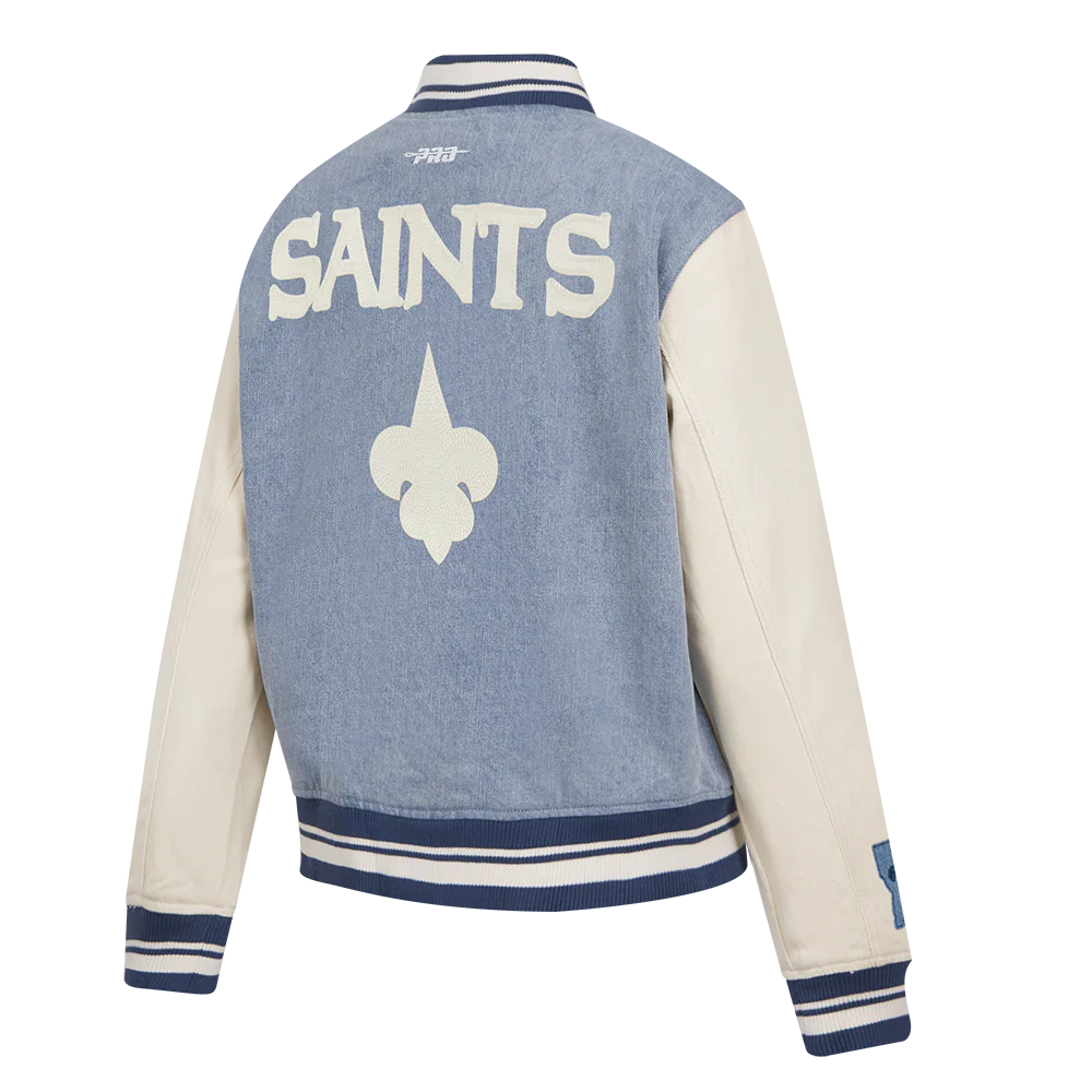 NFL NEW ORLEANS SAINTS VARSITY BLUES WOMEN'S DENIM VARSITY JACKET (DENIM/LINEN) - Image 6