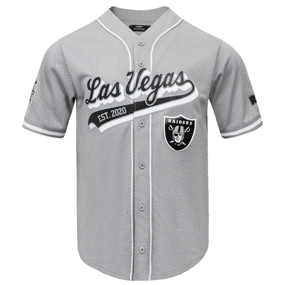 NFL LAS VEGAS RAIDERS SCRIPT TAIL MEN'S MESH BUTTON DOWN SHIRT (GRAY)