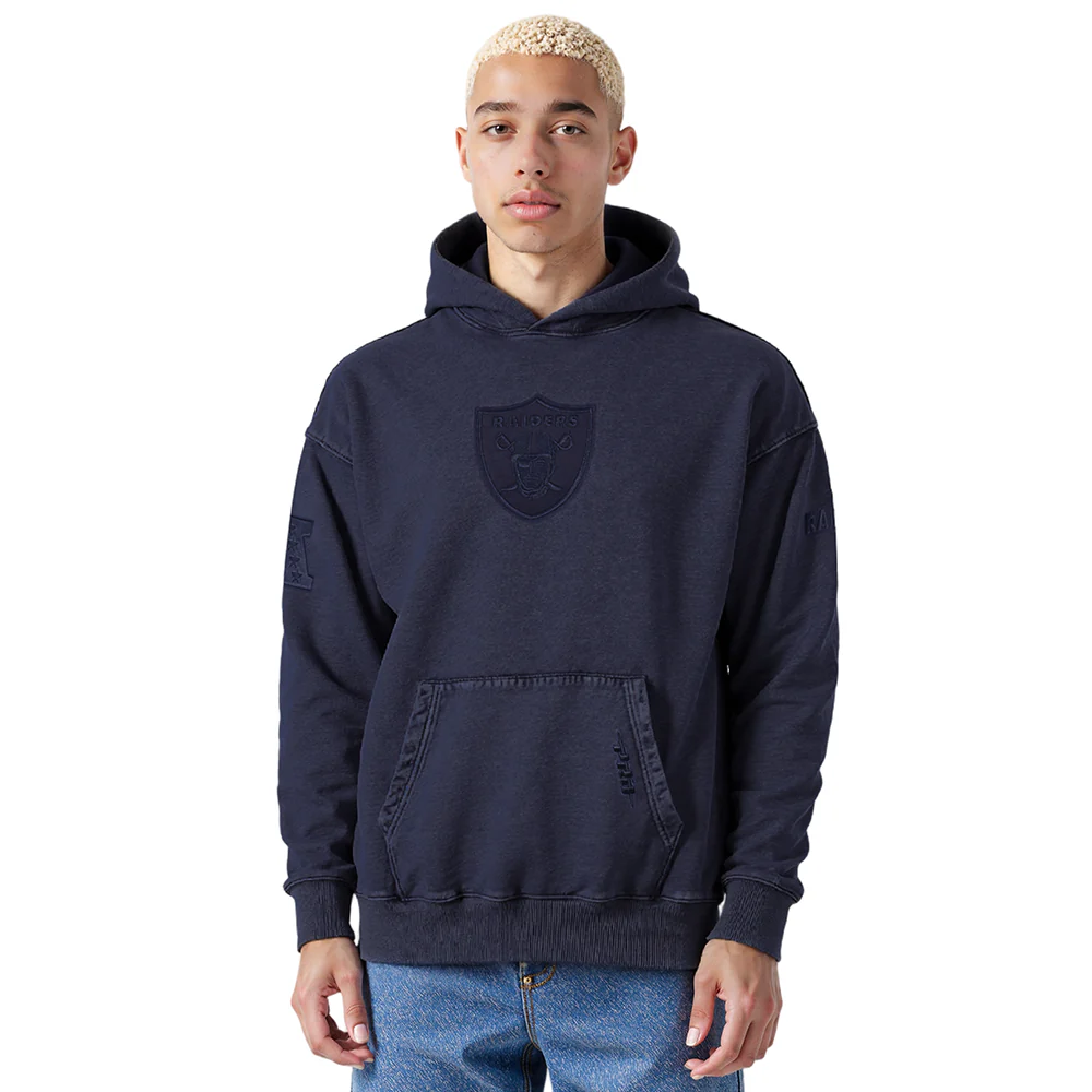 NFL LAS VEGAS RAIDERS WASHED CLASSIC MEN'S ENZYME WASH DROP SHOULDER FT PO HOODIE (WASHED MIDNIGHT NAVY)