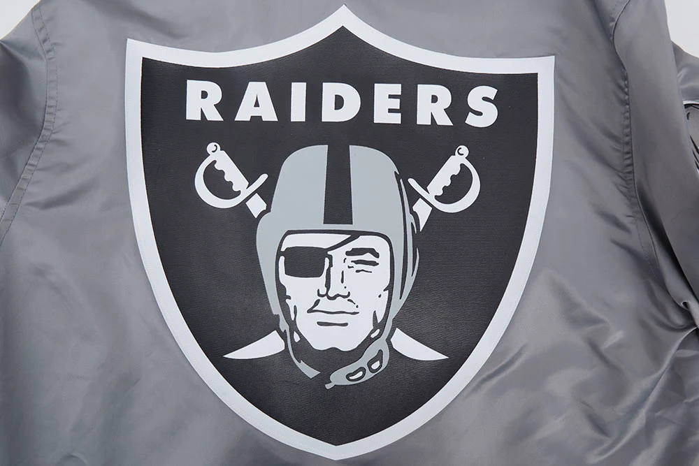 NFL LAS VEGAS RAIDERS SCRIPT TAIL MEN'S RIB SATIN JACKET (GRAY) - Image 9