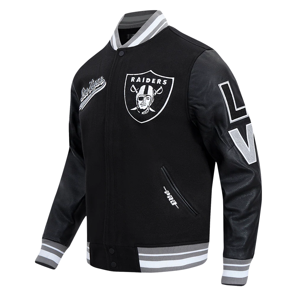 NFL LAS VEGAS RAIDERS SCRIPT TAIL MEN'S RIB WOOL VARSITY JACKET (BLACK/GRAY) - Image 4