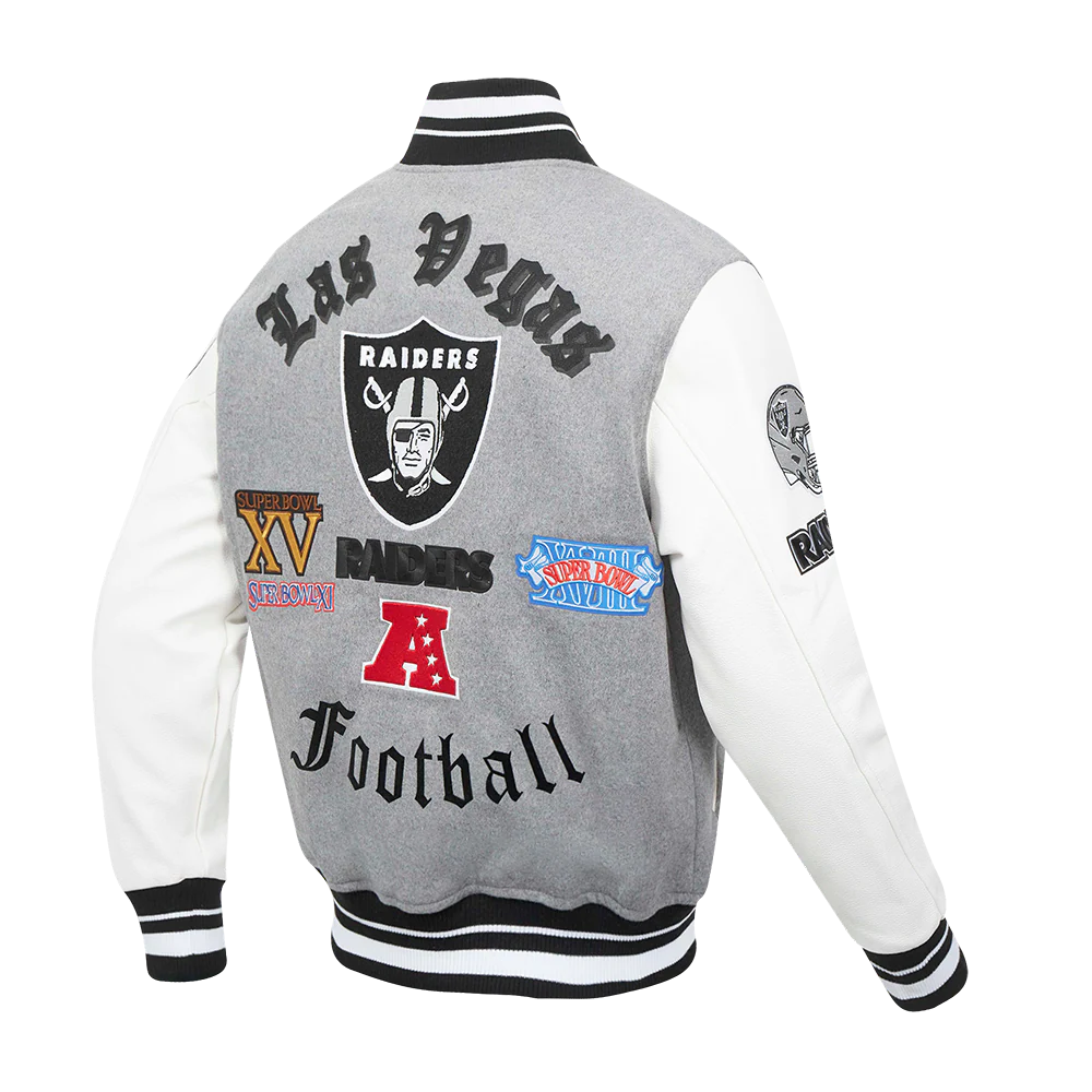 NFL LAS VEGAS RAIDERS OLD ENGLISH MEN'S RIB WOOL VARSITY JACKET (HEATHER GREY/WHITE/BLACK) - Image 4