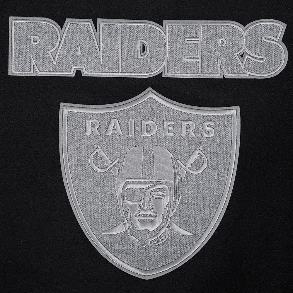 NFL LAS VEGAS RAIDERS REVERSE FRENCH TERRY MEN'S COLOR BLOCK WOOL VARSITY JACKET (BLACK/GRAY/EGGSHELL) - Image 9