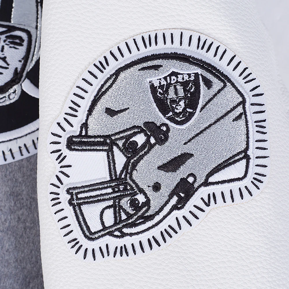 NFL LAS VEGAS RAIDERS DIY PICK STITCH MEN'S RIB WOOL VARSITY JACKET (HEATHER GREY/WHITE/BLACK) - Image 9