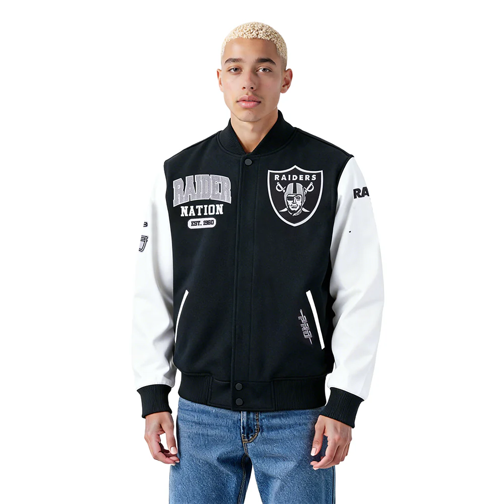 NFL LAS VEGAS RAIDERS CITY ARCH MEN'S WOOL VARSITY JACKET (BLACK/WHITE)