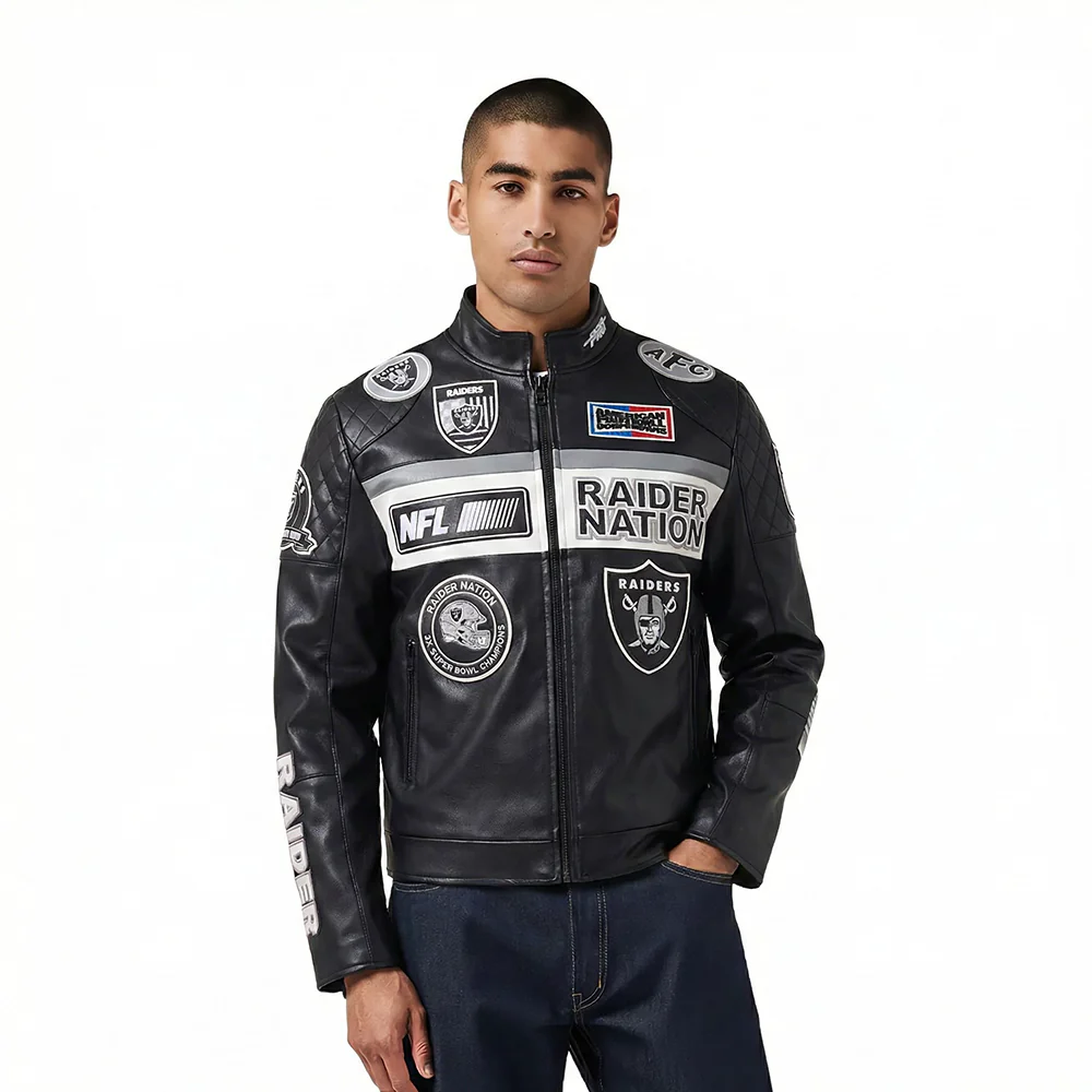 NFL LAS VEGAS RAIDERS MEN'S MOTO JACKET (BLACK/WHITE)