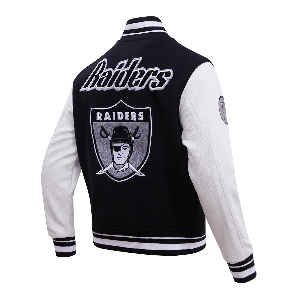 NFL LAS VEGAS RAIDERS RETRO CLASSIC MEN'S RIB WOOL VARSITY JACKET (BLACK/WHITE) - Image 4