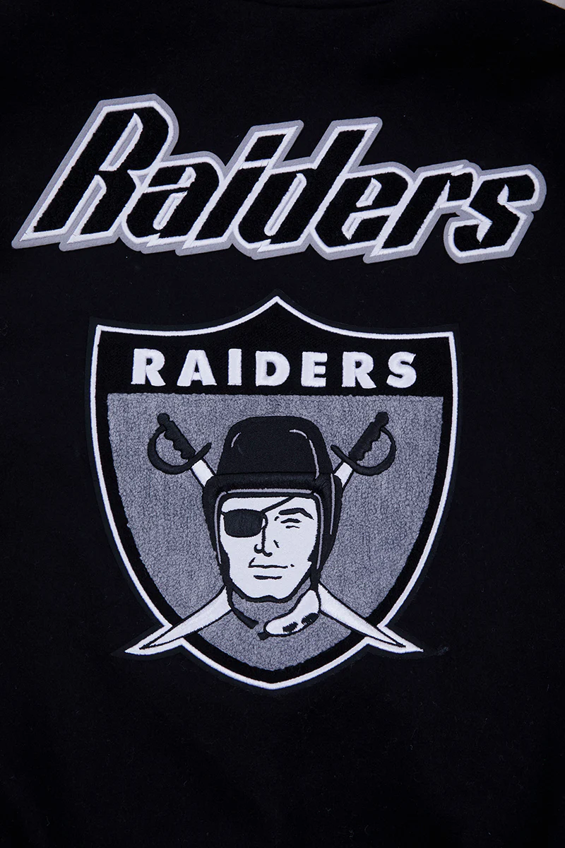NFL LAS VEGAS RAIDERS RETRO CLASSIC MEN'S RIB WOOL VARSITY JACKET (BLACK/WHITE) - Image 9