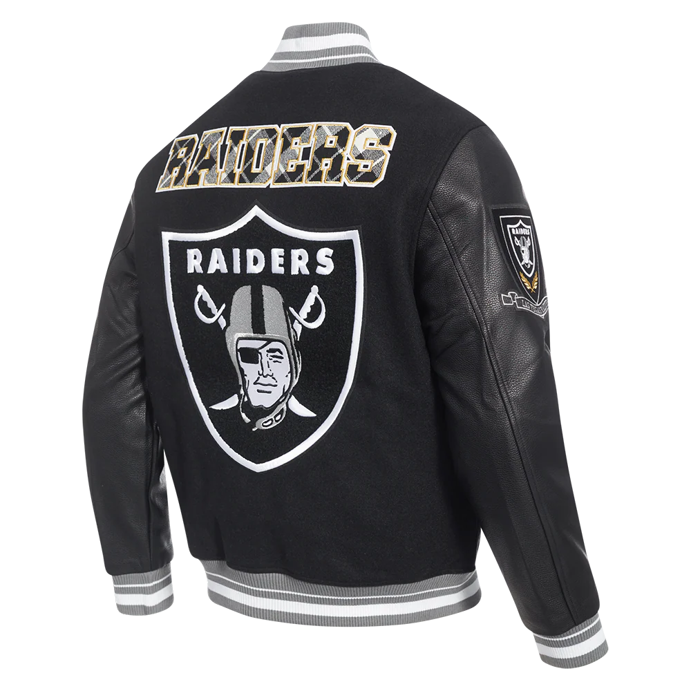 NFL LAS VEGAS RAIDERS PRO PREP MEN'S WOOL VARSITY JACKET (BLACK/GRAY) - Image 4