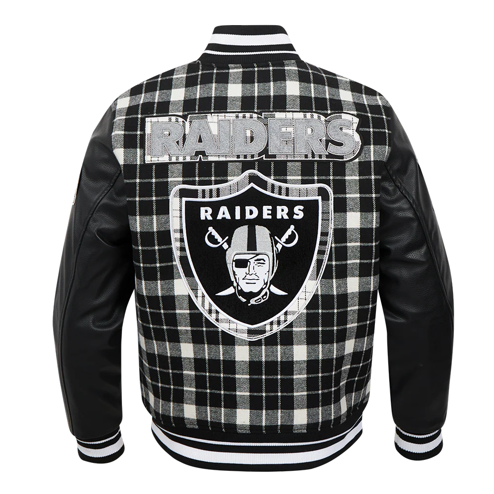 NFL LAS VEGAS RAIDERS PRO PREP PLAID WOOL VARSITY JACKET (WHITE/BLACK) - Image 3