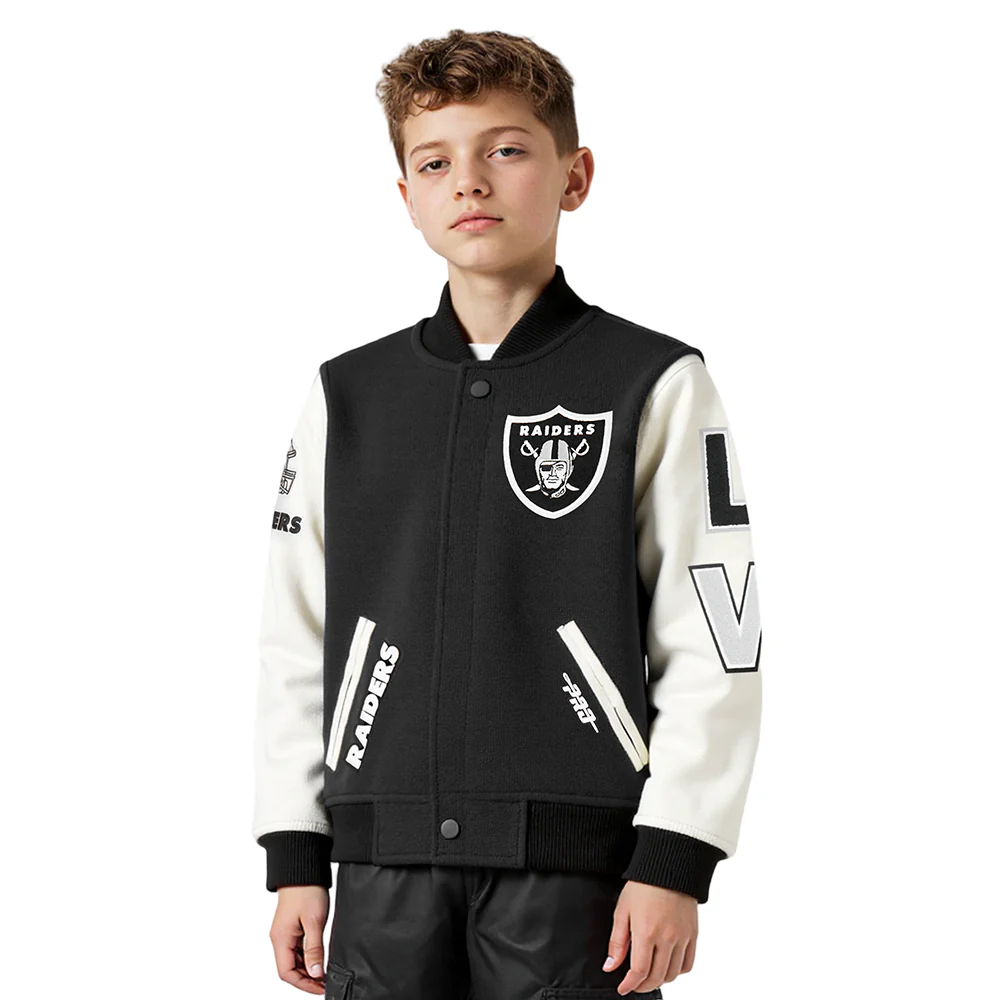 NFL LAS VEGAS RAIDERS CLASSIC BIG BOYS WOOL VARSITY JACKET (BLACK/WHITE) - Image 9