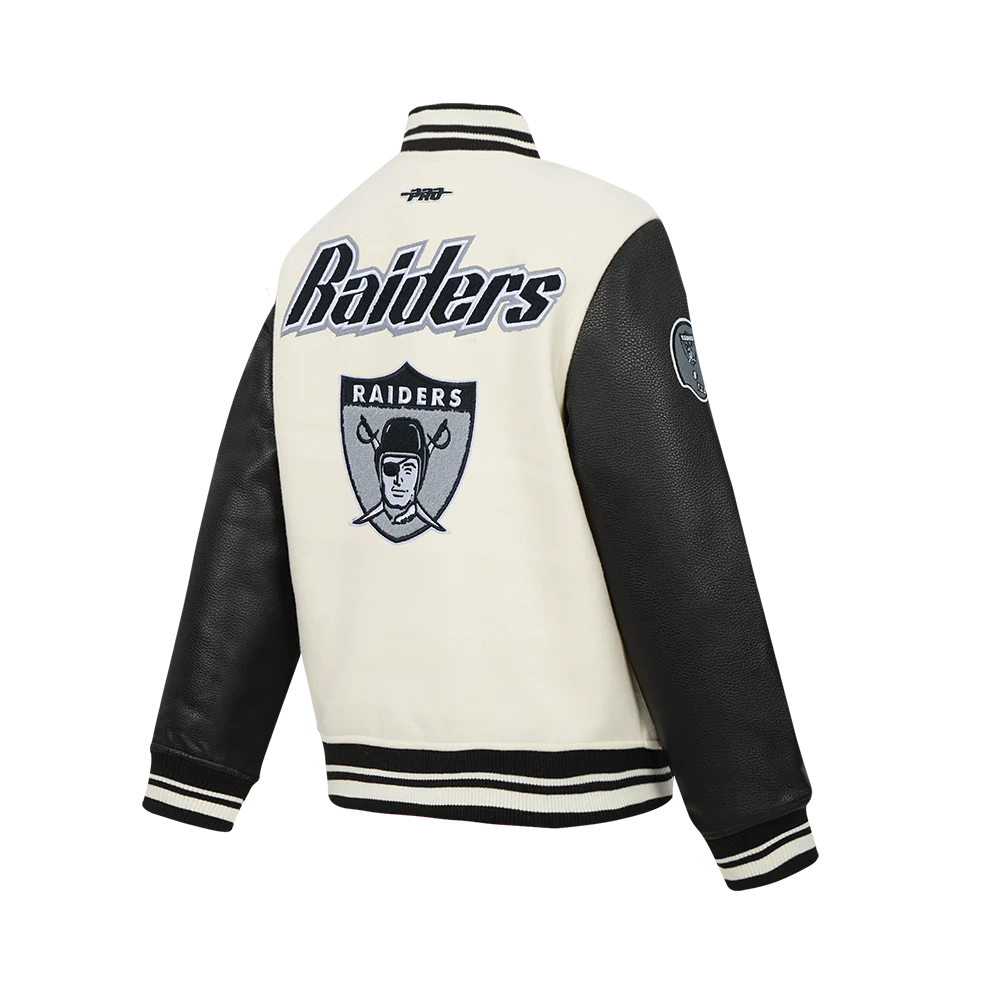 NFL LAS VEGAS RAIDERS RETRO CLASSICS BIG BOY'S RIB WOOL VARSITY JACKET (EGGSHELL/ BLACK) - Image 4
