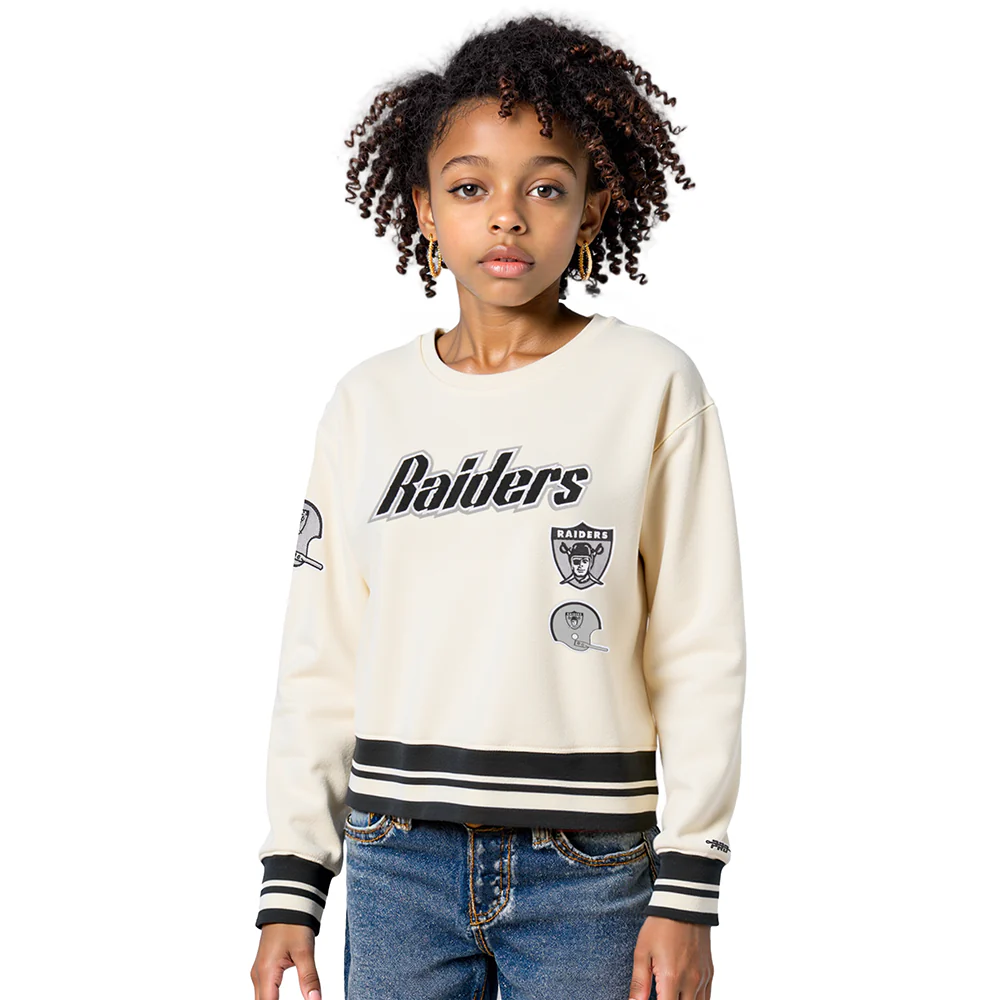 NFL LAS VEGAS RAIDERS RETRO CLASSIC BIG GIRLS RIB FLEECE CREWNECK (EGGSHELL/ BLACK)