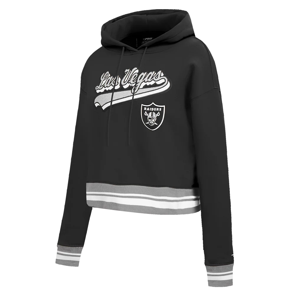 NFL LAS VEGAS RAIDERS SCRIPT TAIL WOMEN'S RIB FLEECE CROPPED PULLOVER HOODIE (BLACK/GRAY) - Image 2