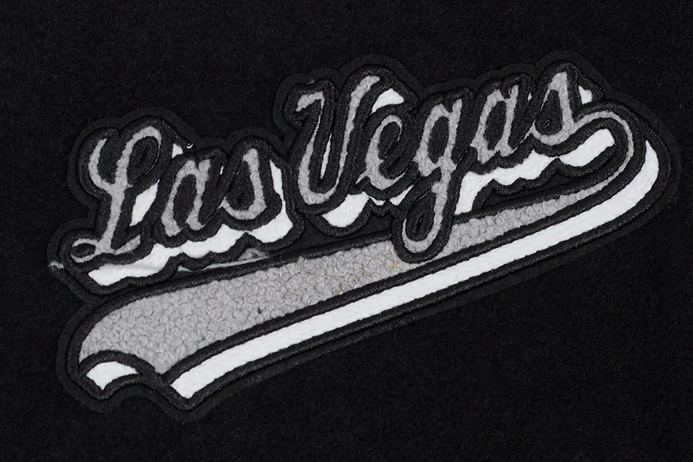 NFL LAS VEGAS RAIDERS SCRIPT TAIL WOMEN'S WOOL VARSITY JACKET (BLACK/GRAY) - Image 7