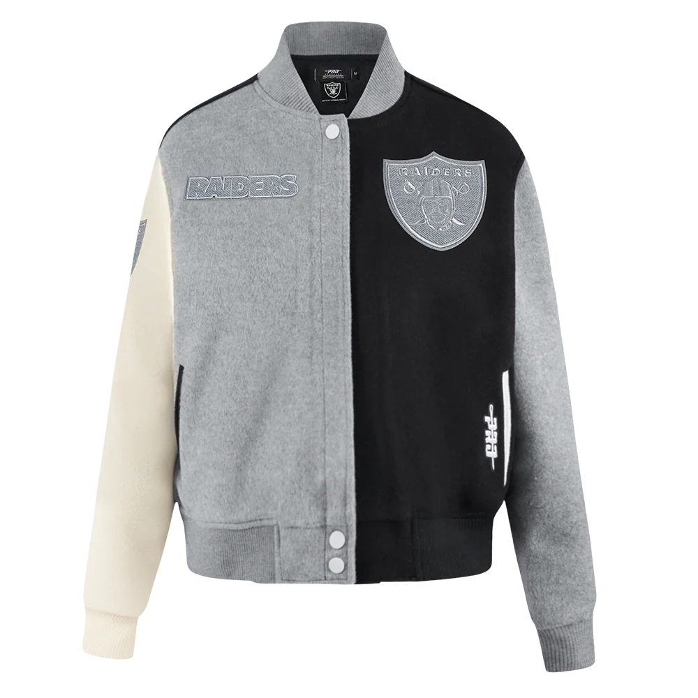 NFL LAS VEGAS RAIDERS REVERSE FRENCH TERRY WOMEN'S WOOL VARSITY JACKET (BLACK/GRAY/EGGSHELL)
