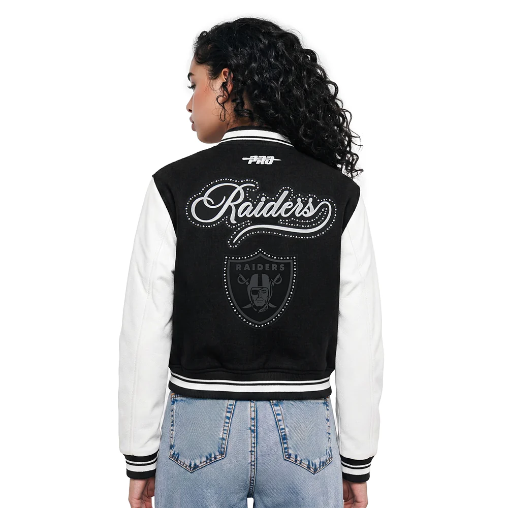 NFL LAS VEGAS RAIDERS RENEGADE WOMEN'S RIB CROPPED WOOL VARSITY JACKET (BLACK/WHITE) - Image 2