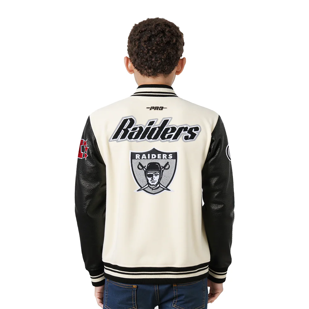 NFL LAS VEGAS RAIDERS RETRO CLASSICS LITTLE BOY'S RIB WOOL VARSITY JACKET (EGGSHELL/ BLACK) - Image 2