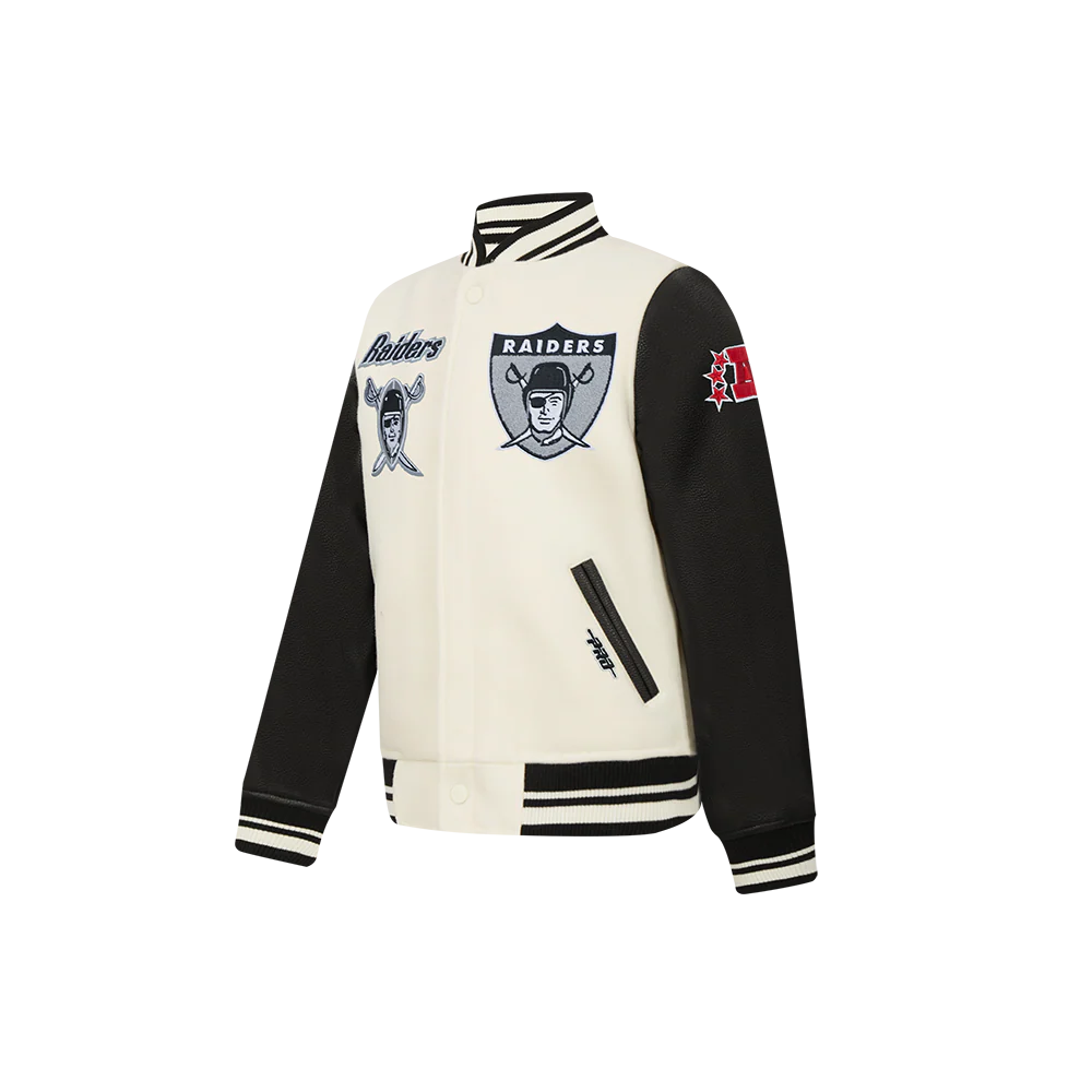 NFL LAS VEGAS RAIDERS RETRO CLASSICS LITTLE BOY'S RIB WOOL VARSITY JACKET (EGGSHELL/ BLACK) - Image 3