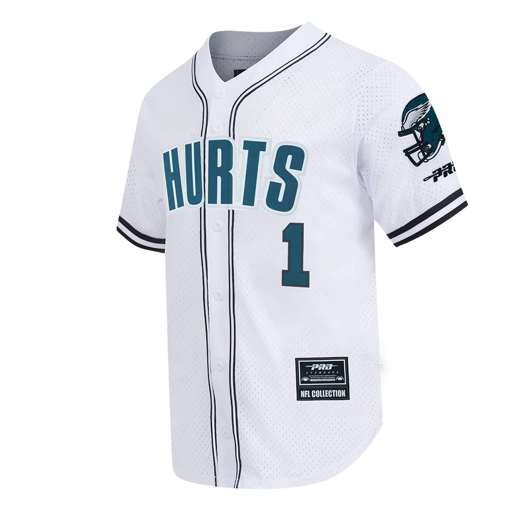 NFL PHILADELPHIA EAGLES JALEN HURTS #1 CLASSIC MESH PNN MEN'S MESH BUTTON DOWN SHIRT (WHITE/BLACK/WHITE) - Image 3