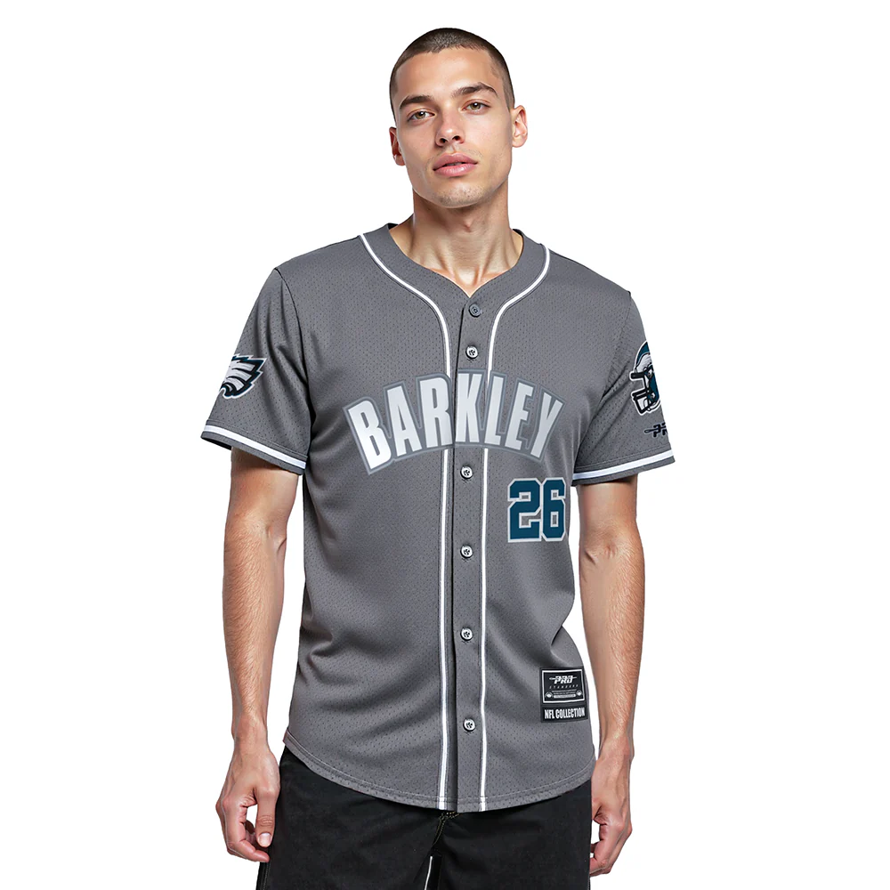 NFL PHILADELPHIA EAGLES SAQUON BARKLEY #26 CLASSIC MESH PNN MEN'S MESH BUTTON DOWN SHIRT (Gray)
