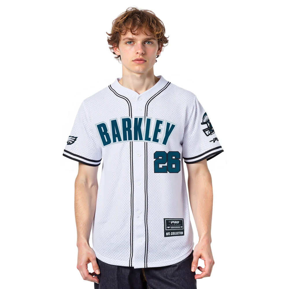NFL PHILADELPHIA EAGLES SAQUON BARKLEY #26 CLASSIC MESH PNN MEN'S MESH BUTTON DOWN SHIRT (WHITE/BLACK/WHITE)