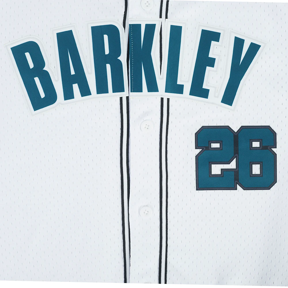 NFL PHILADELPHIA EAGLES SAQUON BARKLEY #26 CLASSIC MESH PNN MEN'S MESH BUTTON DOWN SHIRT (WHITE/BLACK/WHITE) - Image 8