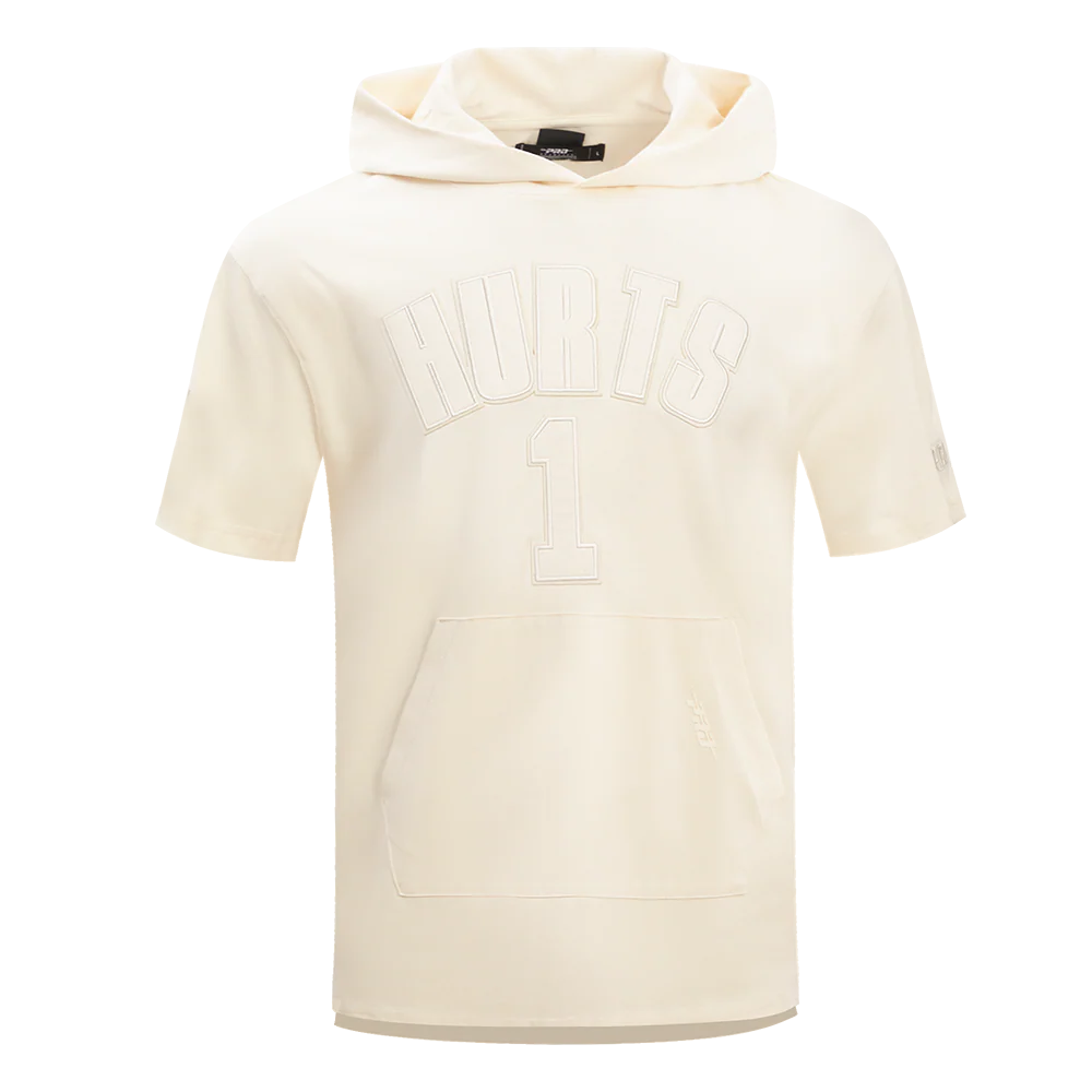NFL PHILADELPHIA EAGLES JALEN HURTS #1 NEUTRAL MEN'S SHORT SLEEVE PULLOVER HOODIE (EGGSHELL)