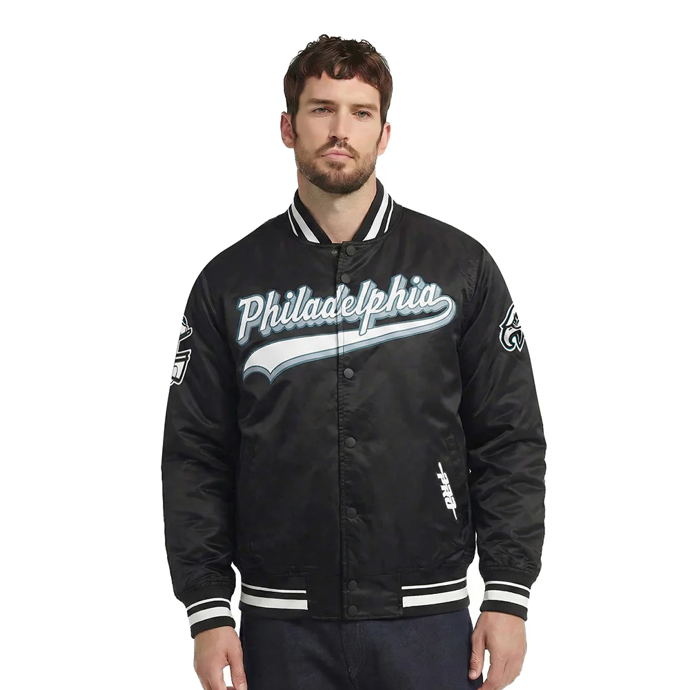 NFL PHILADELPHIA EAGLES SCRIPT TAIL MEN'S SATIN JACKET (BLACK)