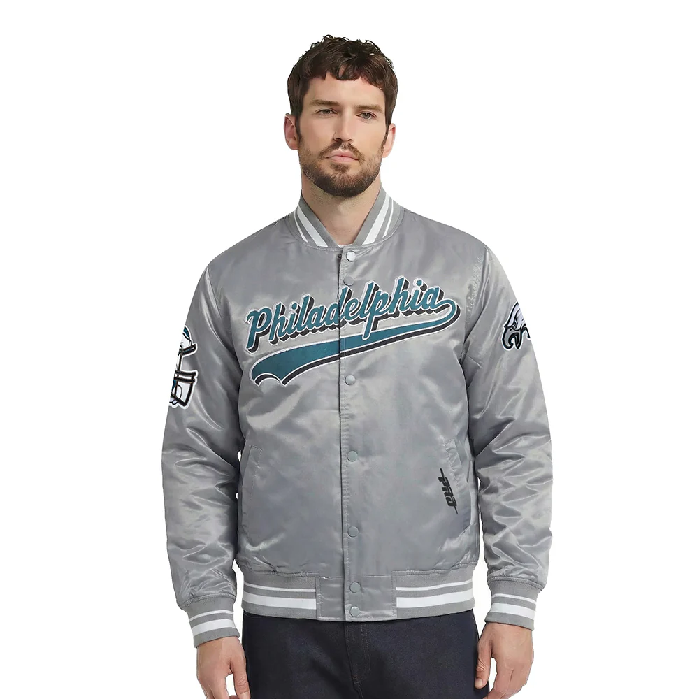 NFL PHILADELPHIA EAGLES SCRIPT TAIL MEN'S SATIN JACKET (GRAY)