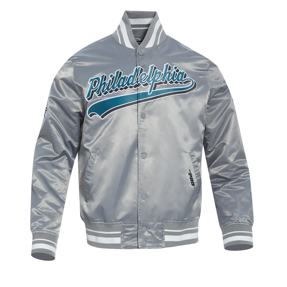 NFL PHILADELPHIA EAGLES SCRIPT TAIL MEN'S SATIN JACKET (GRAY) - Image 5
