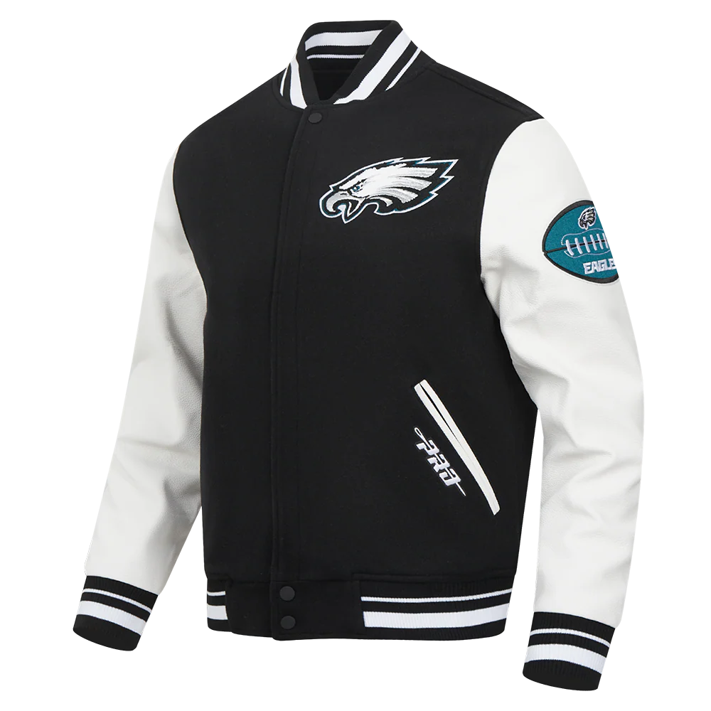 NFL PHILADELPHIA EAGLES OLD ENGLISH MEN'S RIB WOOL VARSITY JACKET (BLACK/WHITE) - Image 2