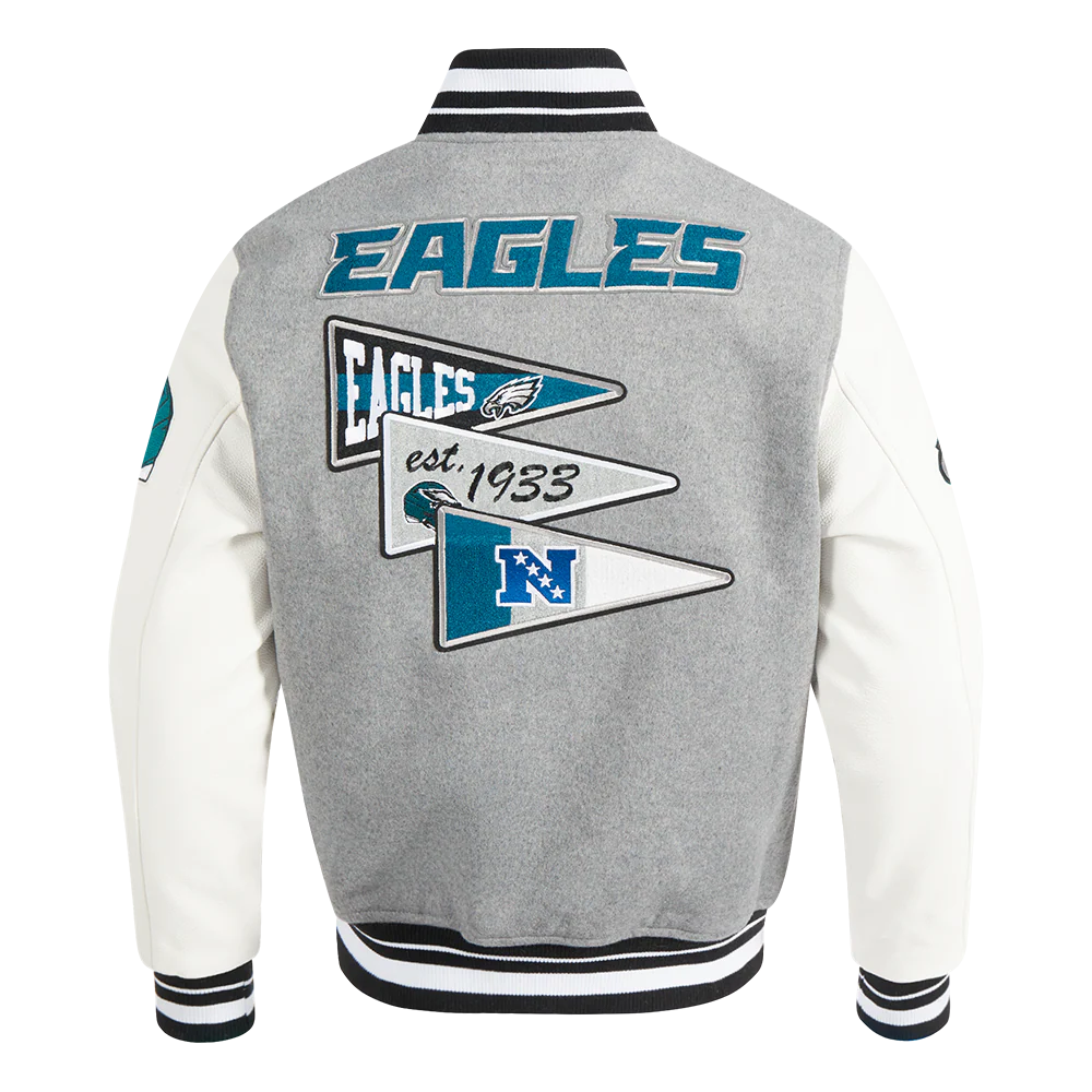 NFL PHILADELPHIA EAGLES TEAM PENNANTS MEN'S RIB WOOL VARSITY JACKET (HEATHER GREY/WHITE/BLACK) - Image 3