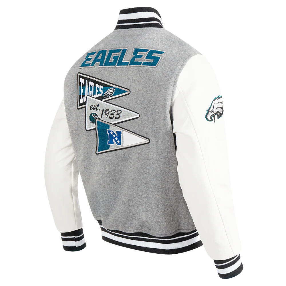 NFL PHILADELPHIA EAGLES TEAM PENNANTS MEN'S RIB WOOL VARSITY JACKET (HEATHER GREY/WHITE/BLACK) - Image 4
