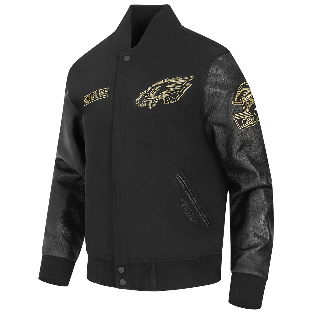 NFL PHILADELPHIA EAGLES BLACK & GOLD MEN'S WOOL VARSITY JACKET (JET BLACK) - Image 2