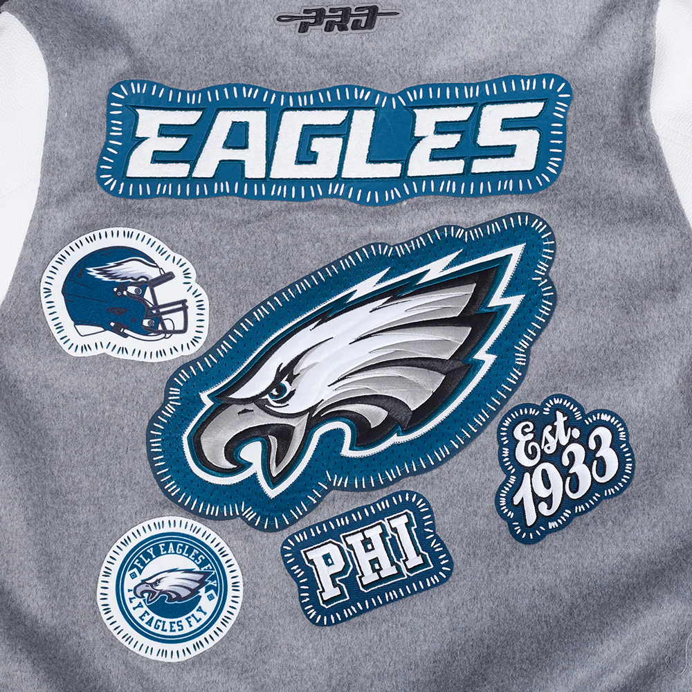 NFL PHILADELPHIA EAGLES DIY PICK STITCH MEN'S RIB WOOL VARSITY JACKE (HEATHER GREY/WHITE/BLACK) - Image 5