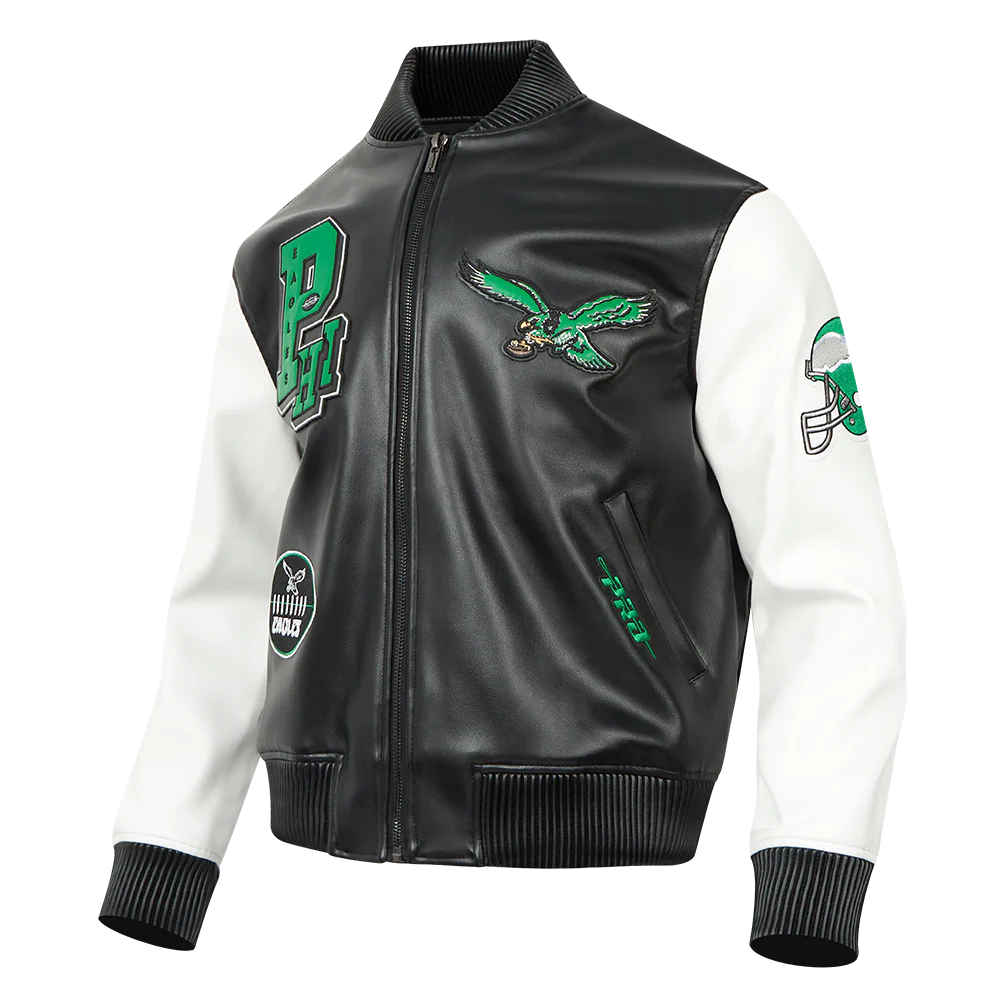 NFL PHILADELPHIA EAGLES BEST OF MEN'S LEATHER VARSITY JACKET (BLACK/WHITE) - Image 4