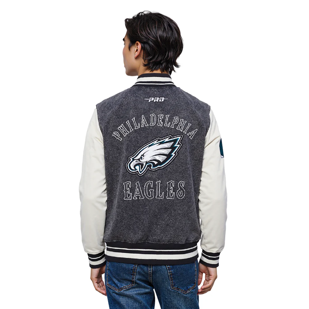 NFL PHILADELPHIA EAGLES REBEL ATHLETICS MEN'S DENIM VARSITY JACKET (WASHED BLACK/EGGSHELL) - Image 9