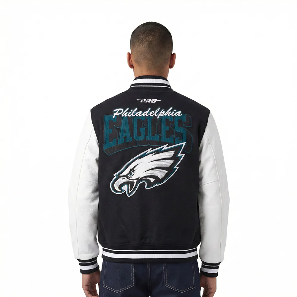 NFL PHILADELPHIA EAGLES TEAM BADGE MEN'S RIB WOOL VARSITY JACKET (BLACK/WHITE) - Image 2