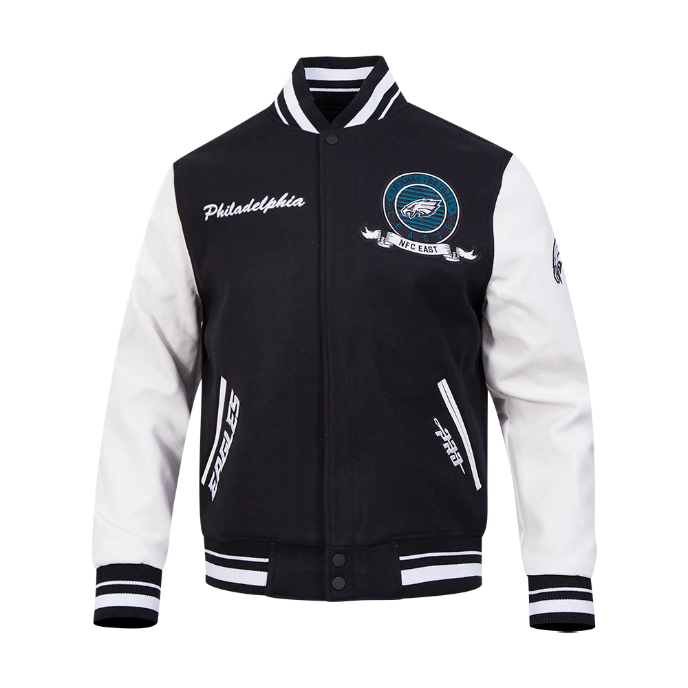 NFL PHILADELPHIA EAGLES TEAM BADGE MEN'S RIB WOOL VARSITY JACKET (BLACK/WHITE) - Image 5