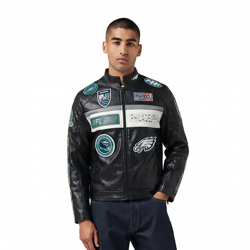 NFL PHILADELPHIA EAGLES MEN'S MOTO JACKET (BLACK/WHITE)