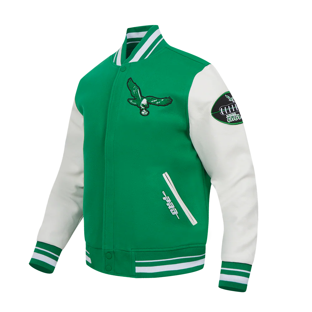 NFL PHILADELPHIA EAGLES RETRO OLD ENGLISH MEN'S WOOL VARSITY JACKET (KELLY GREEN/ WHITE) - Image 2