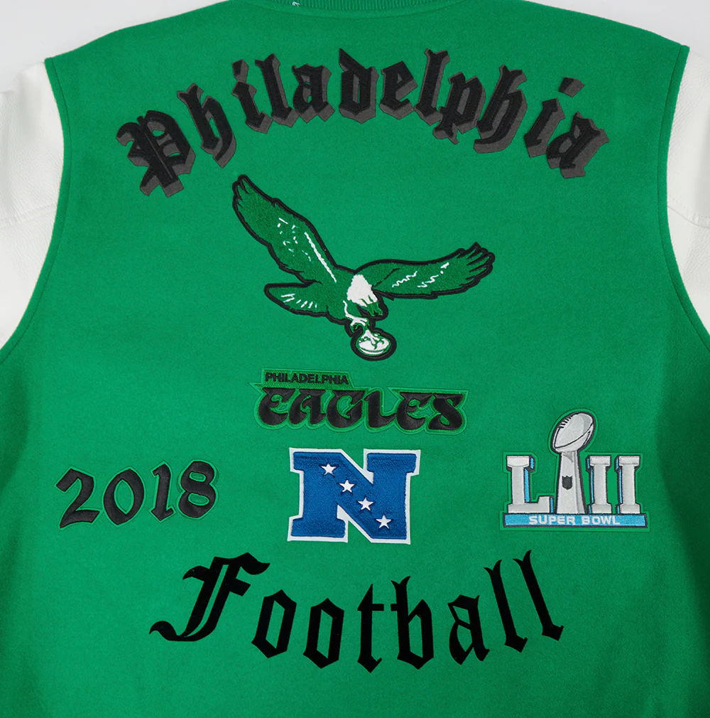 NFL PHILADELPHIA EAGLES RETRO OLD ENGLISH MEN'S WOOL VARSITY JACKET (KELLY GREEN/ WHITE) - Image 5