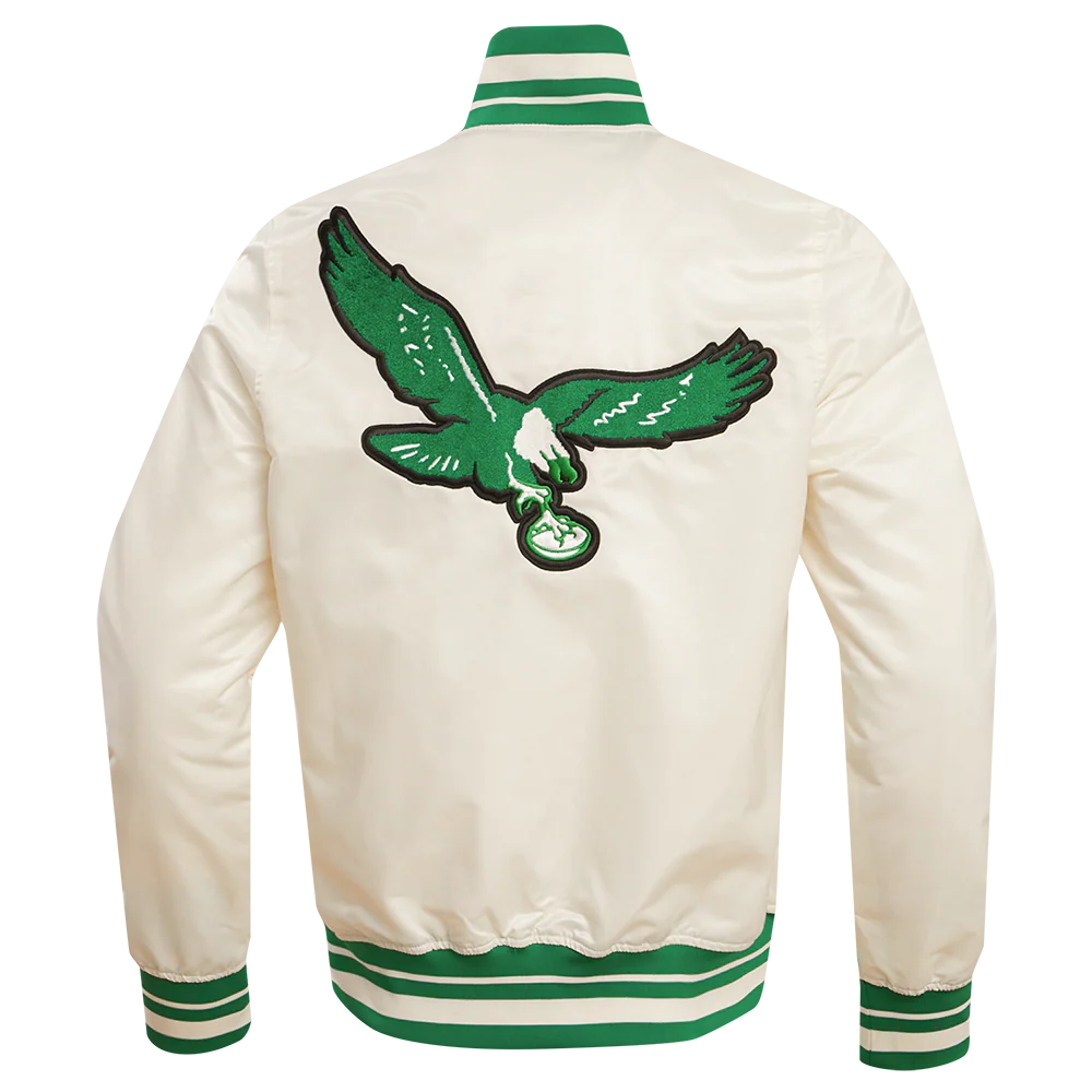 NFL PHILADELPHIA EAGLES RETRO CLASSIC MEN'S RIB SATIN JACKET (EGGSHELL/ KELLY GREEN) - Image 4