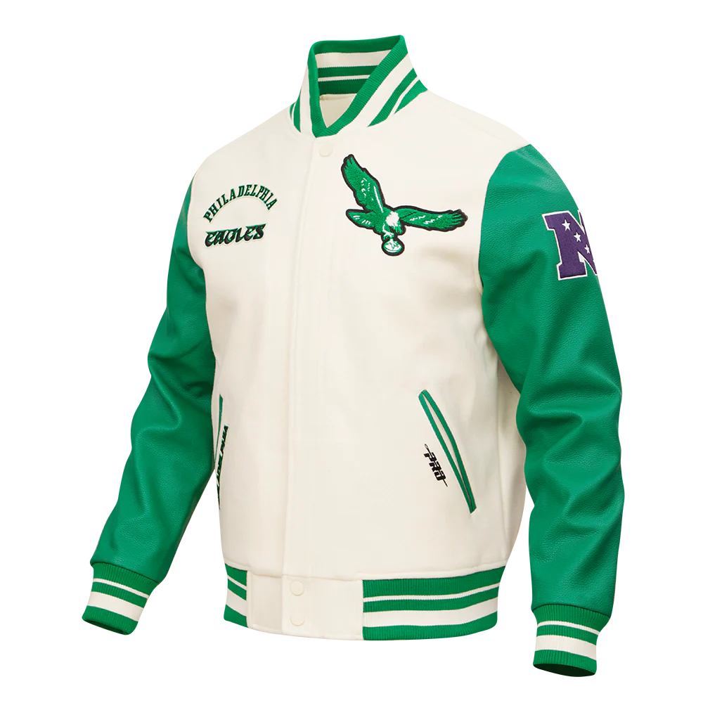 NFL PHILADELPHIA EAGLES RETRO CLASSIC MEN'S RIB WOOL VARSITY JACKET (EGGSHELL/ KELLY GREEN) - Image 6