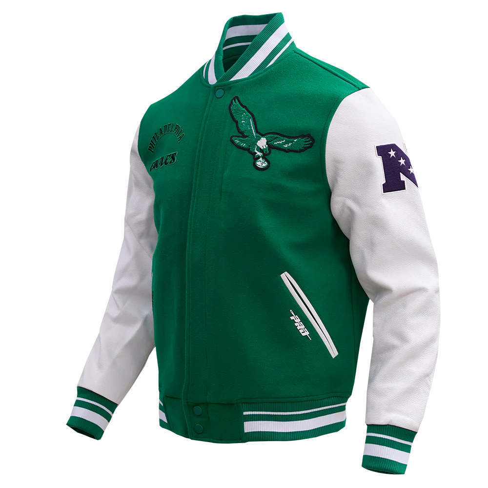 NFL PHILADELPHIA EAGLES RETRO CLASSIC MEN'S RIB WOOL VARSITY JACKET (KELLY GREEN/ WHITE) - Image 6