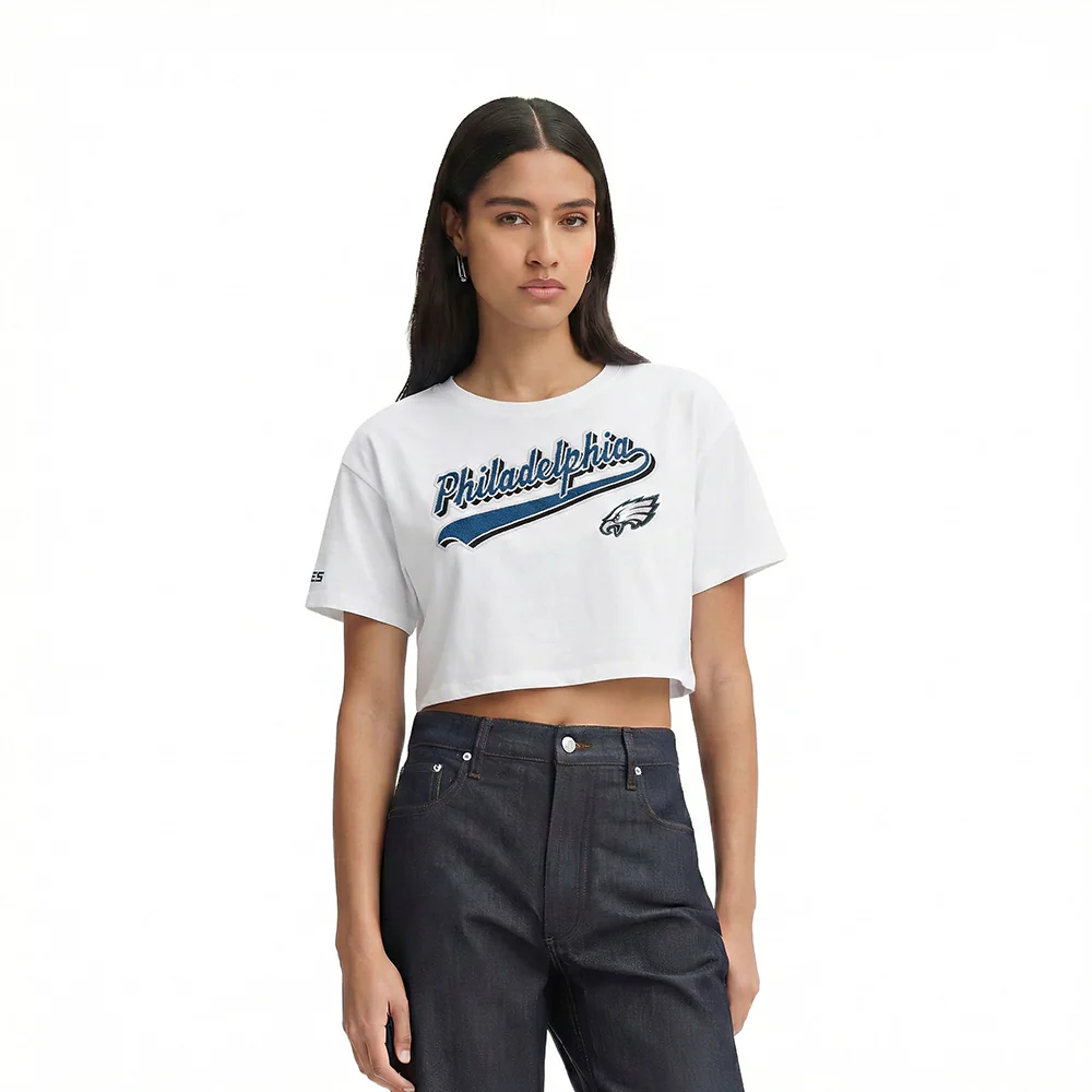NFL PHILADELPHIA EAGLES SCRIPT TAIL WOMEN'S SINGLE JERSEY BOXY TEE (WHITE)