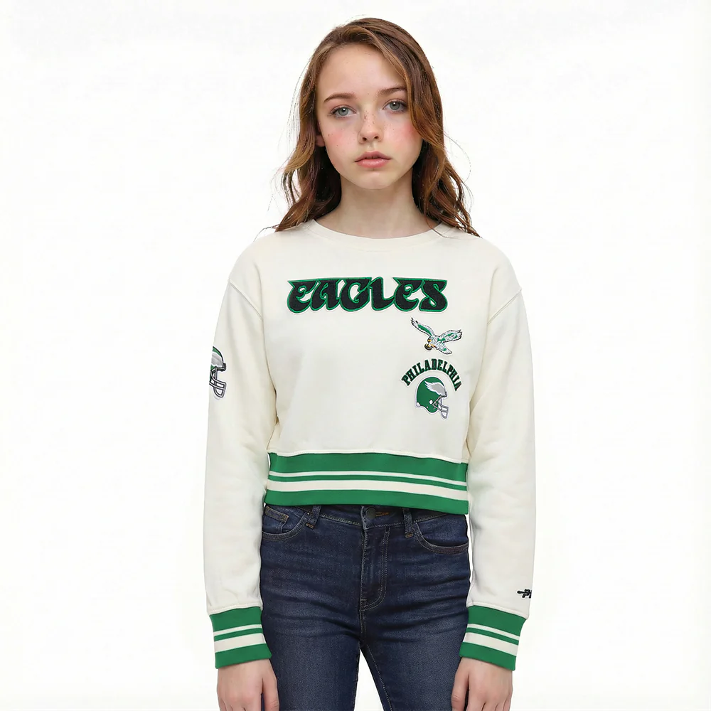 NFL PHILADELPHIA EAGLES RETRO CLASSICS BIG GIRL'S RIB FLEECE CREWNECK (EGGSHELL/ KELLY GREEN)